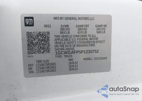 2023 Chevrolet Express Cargo Rwd 2500 Regular Wheelbase Wt from USA, damaged, VIN 1GCWGAFP5P1230752